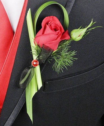 PUTTING ON THE RITZ RED PROM BOUTONNIERE