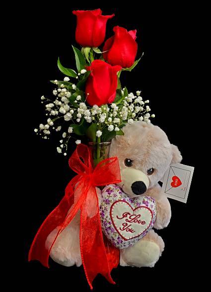 3 Red Roses with Teddy Bear